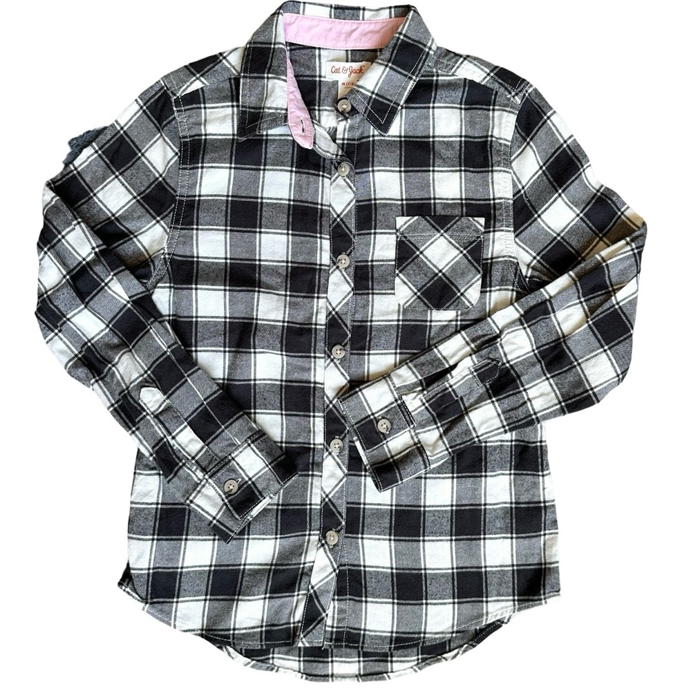Cat & Jack 7/8 Girls black white plaid cotton light flannel button down shirt - Picture 2 of 6